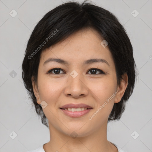 Joyful asian young-adult female with medium  brown hair and brown eyes