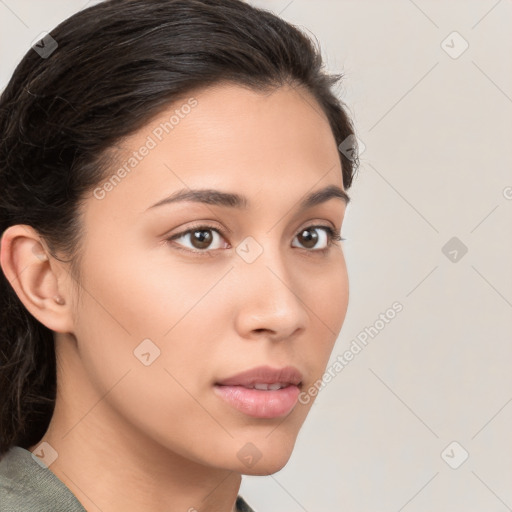 Neutral white young-adult female with medium  brown hair and brown eyes