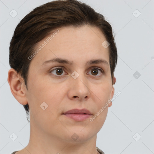 Neutral white young-adult female with short  brown hair and brown eyes