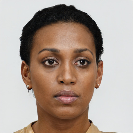 Neutral black young-adult female with short  black hair and brown eyes