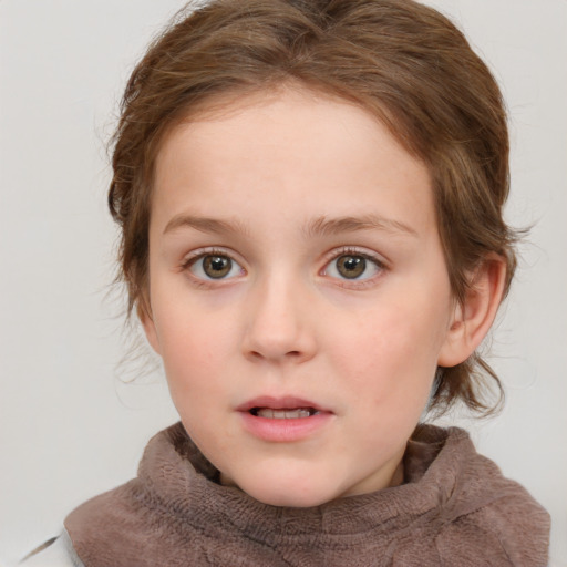 Neutral white child female with medium  brown hair and blue eyes