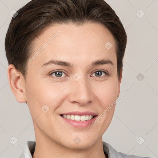 Joyful white young-adult female with short  brown hair and brown eyes