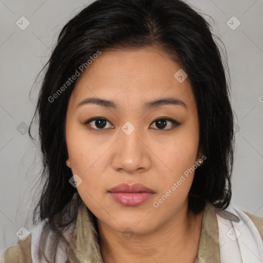 Neutral asian young-adult female with medium  brown hair and brown eyes