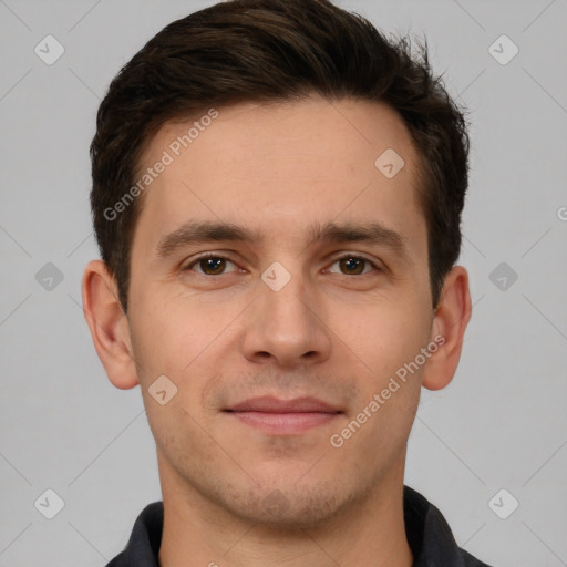 Joyful white young-adult male with short  brown hair and brown eyes