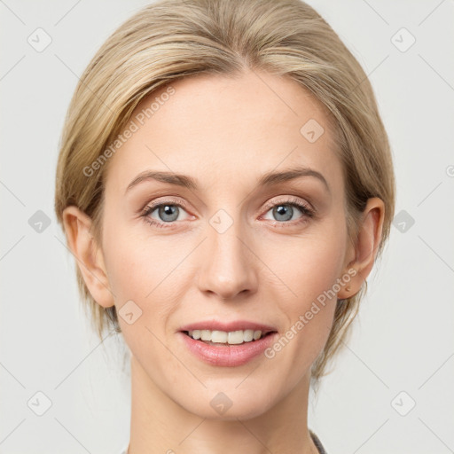 Joyful white young-adult female with medium  brown hair and blue eyes