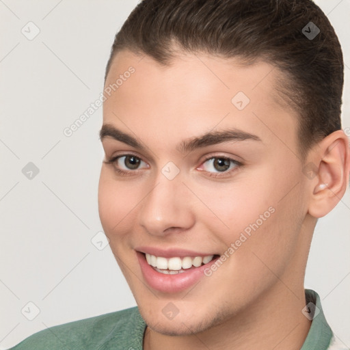 Joyful white young-adult female with short  brown hair and brown eyes