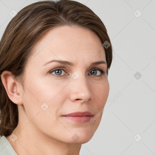 Neutral white young-adult female with medium  brown hair and grey eyes