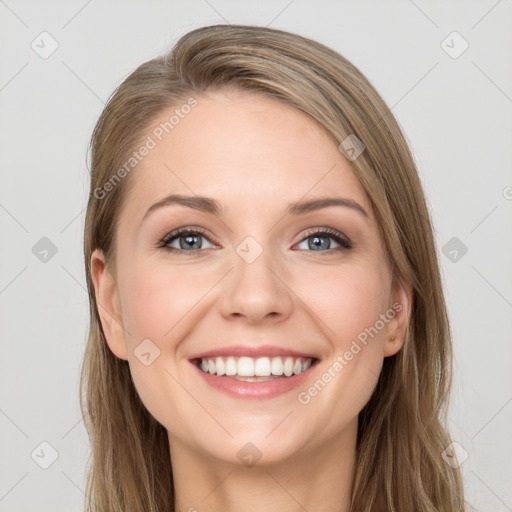 Joyful white young-adult female with long  brown hair and grey eyes