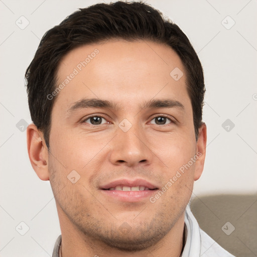 Joyful white young-adult male with short  brown hair and brown eyes