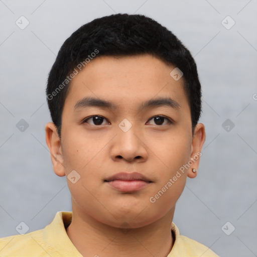 Neutral asian young-adult male with short  black hair and brown eyes