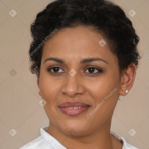 Joyful latino young-adult female with short  brown hair and brown eyes