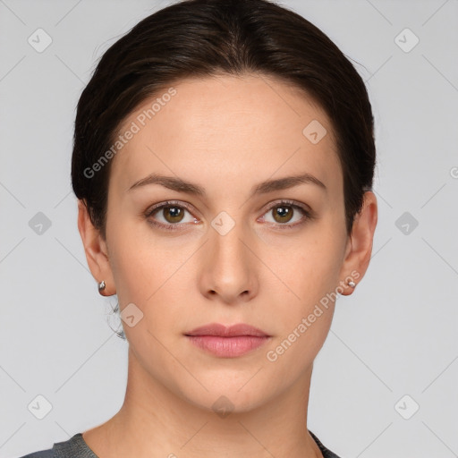 Neutral white young-adult female with short  brown hair and brown eyes