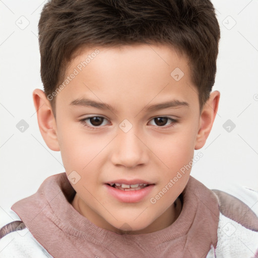 Joyful white child male with short  brown hair and brown eyes