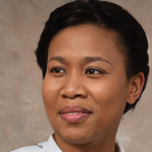 Joyful asian young-adult female with short  black hair and brown eyes
