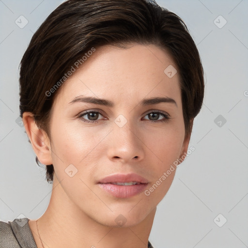 Neutral white young-adult female with short  brown hair and brown eyes