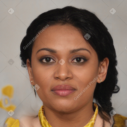 Joyful latino young-adult female with medium  brown hair and brown eyes