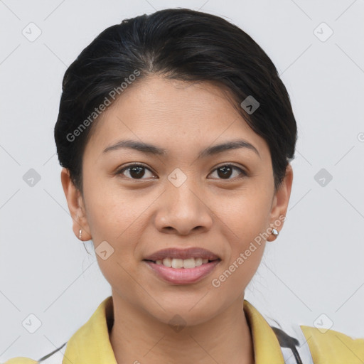 Joyful asian young-adult female with short  brown hair and brown eyes