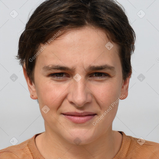 Joyful white young-adult female with short  brown hair and brown eyes