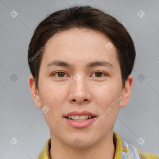 Joyful white young-adult female with short  brown hair and brown eyes