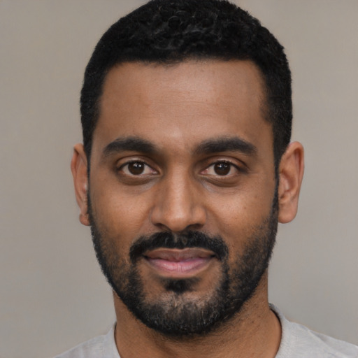 Neutral black young-adult male with short  black hair and brown eyes