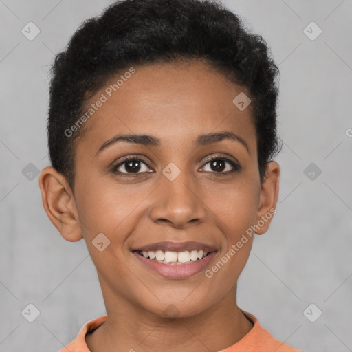 Joyful latino young-adult female with short  brown hair and brown eyes