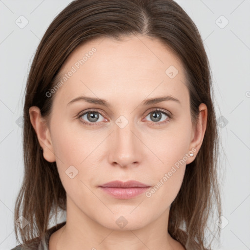 Neutral white young-adult female with medium  brown hair and grey eyes