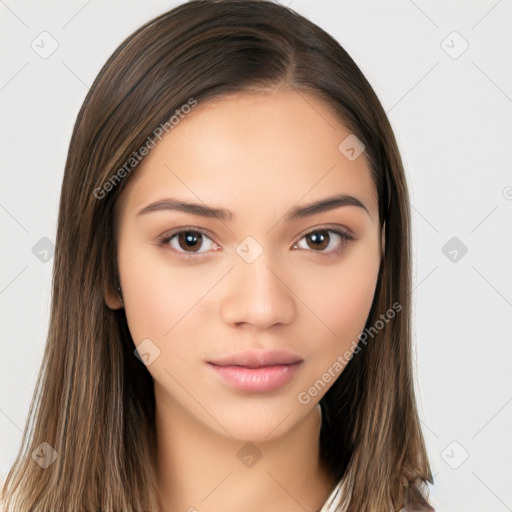 Neutral white young-adult female with long  brown hair and brown eyes