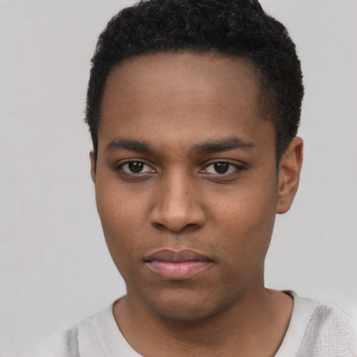 Neutral black young-adult male with short  black hair and brown eyes