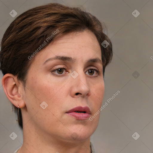 Neutral white adult female with short  brown hair and brown eyes