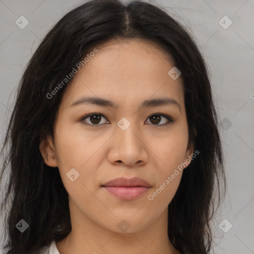 Joyful asian young-adult female with long  brown hair and brown eyes