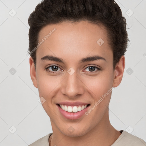 Joyful white young-adult female with short  brown hair and brown eyes