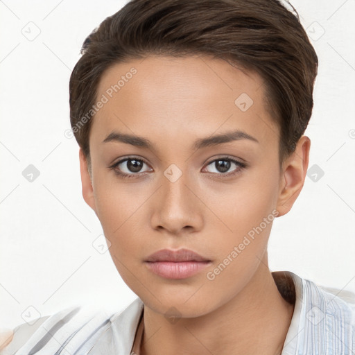 Neutral white young-adult female with short  brown hair and brown eyes