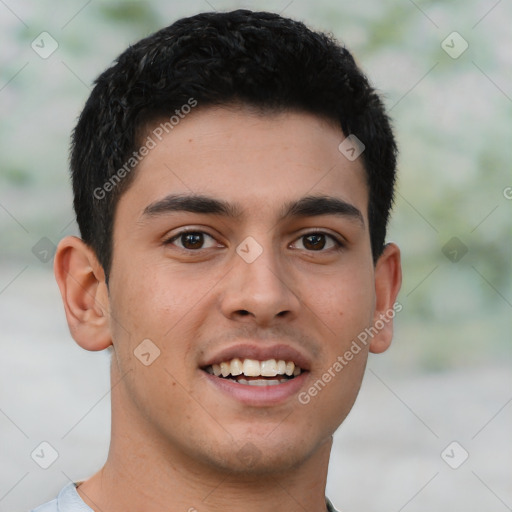 Joyful latino young-adult male with short  brown hair and brown eyes