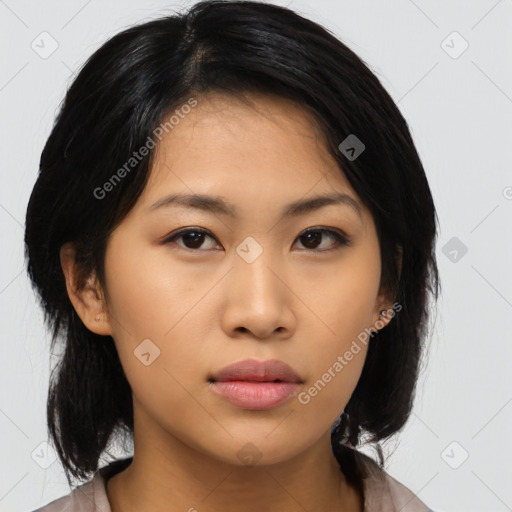 Neutral asian young-adult female with medium  black hair and brown eyes