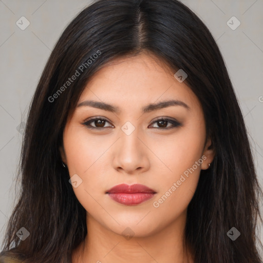 Neutral asian young-adult female with long  brown hair and brown eyes