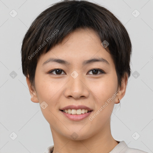 Joyful asian young-adult female with short  brown hair and brown eyes