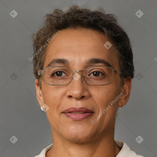 Joyful white adult female with short  brown hair and brown eyes