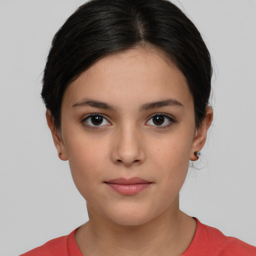 Neutral white young-adult female with short  brown hair and brown eyes