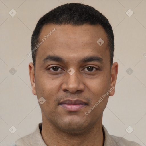 Neutral latino young-adult male with short  black hair and brown eyes
