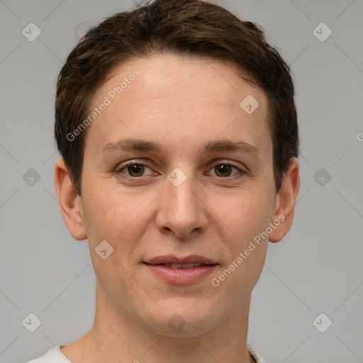 Joyful white young-adult female with short  brown hair and grey eyes