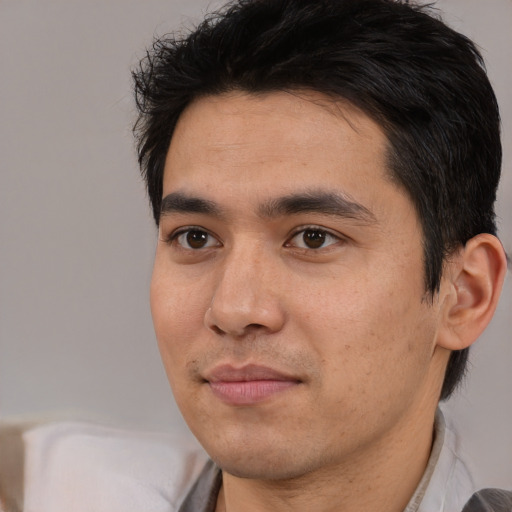 Neutral asian young-adult male with short  black hair and brown eyes