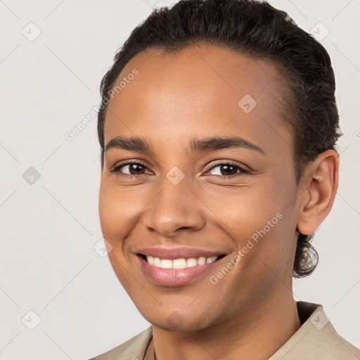 Joyful white young-adult female with short  brown hair and brown eyes