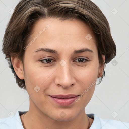 Joyful white young-adult female with short  brown hair and brown eyes