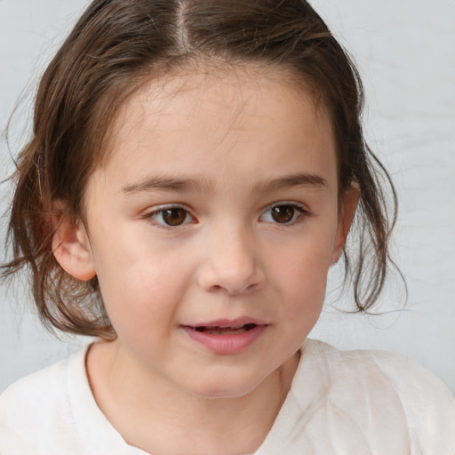 Joyful white child female with medium  brown hair and brown eyes