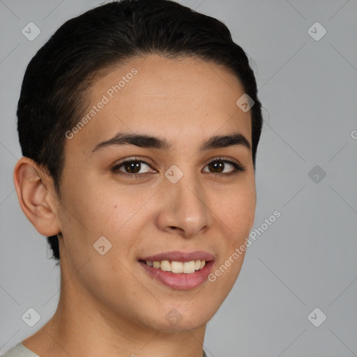 Joyful white young-adult female with short  brown hair and brown eyes