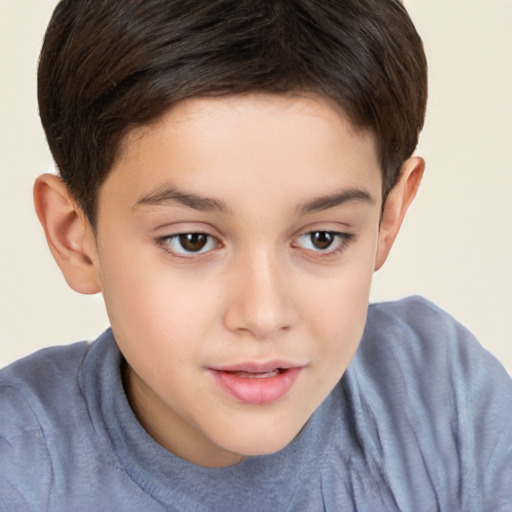 Joyful white child female with short  brown hair and brown eyes