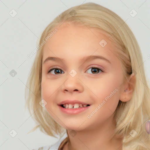 Joyful white child female with medium  brown hair and blue eyes