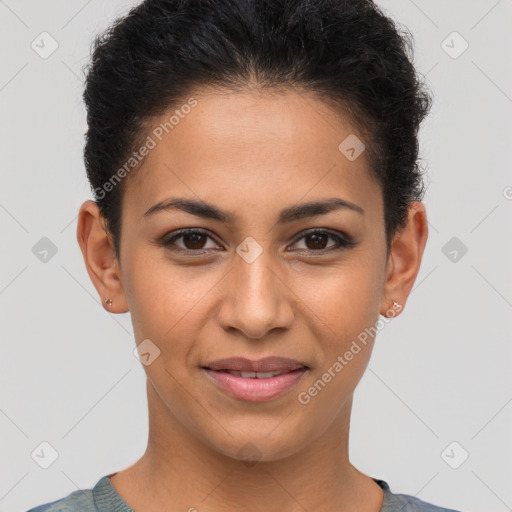 Joyful latino young-adult female with short  brown hair and brown eyes