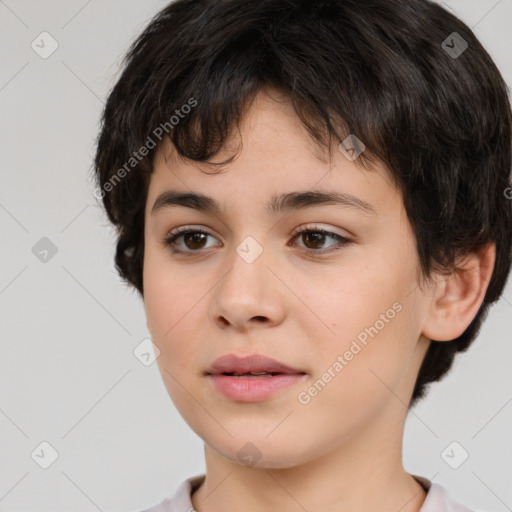 Neutral white young-adult female with short  brown hair and brown eyes