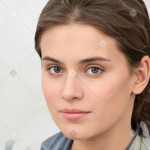 Neutral white young-adult female with medium  brown hair and brown eyes